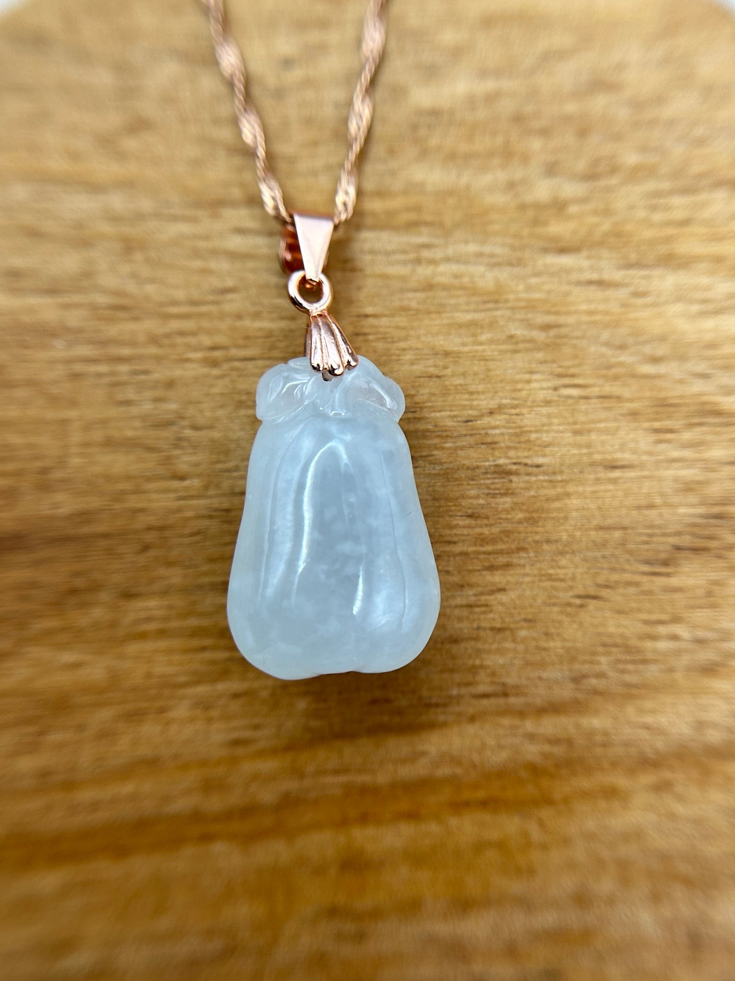 Grade A Natural Burma Icy  white Jadeite squash pendant with Rose gold over Sterling silver bail necklace