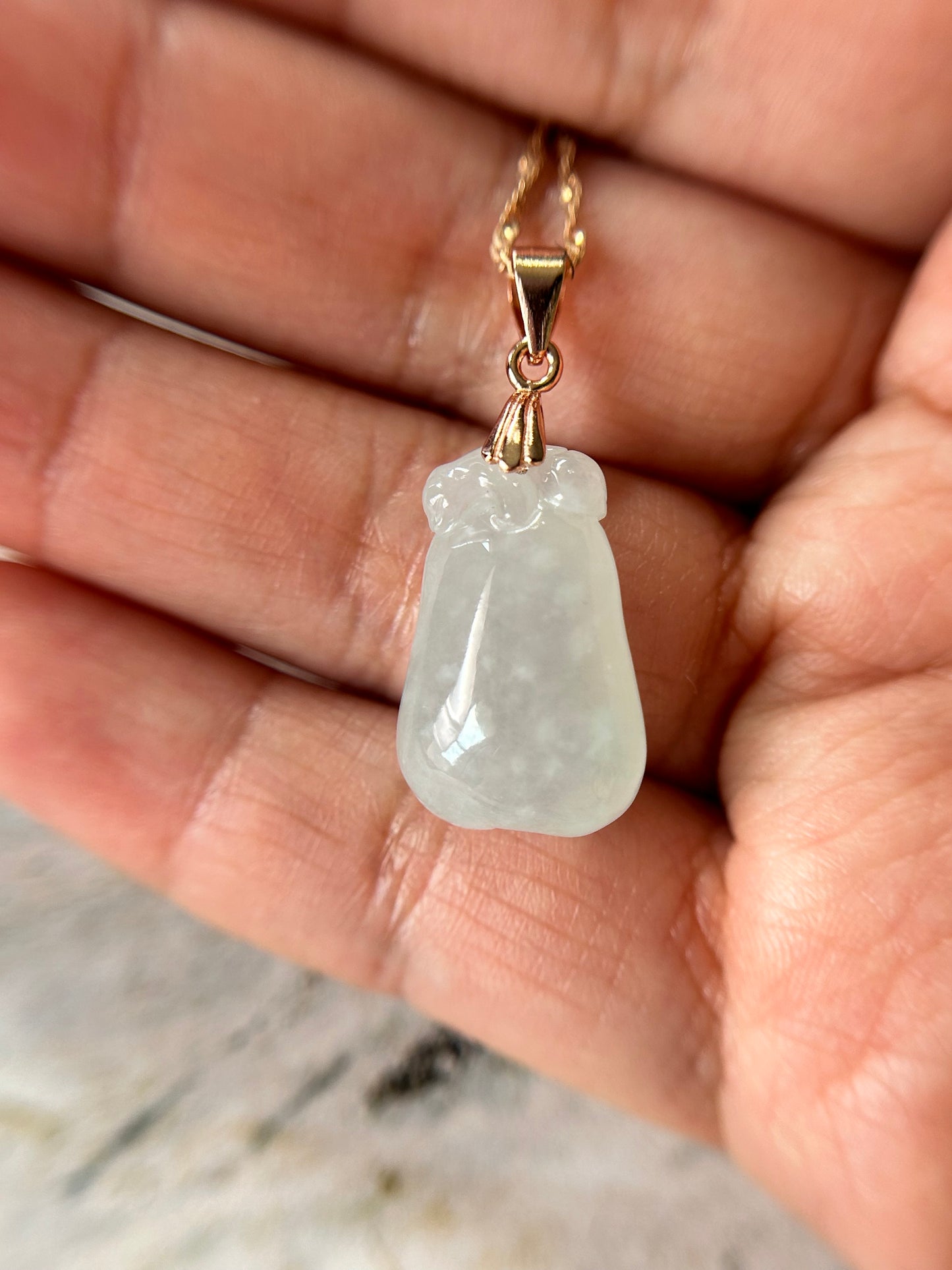 Grade A Natural Burma Icy  white Jadeite squash pendant with Rose gold over Sterling silver bail necklace