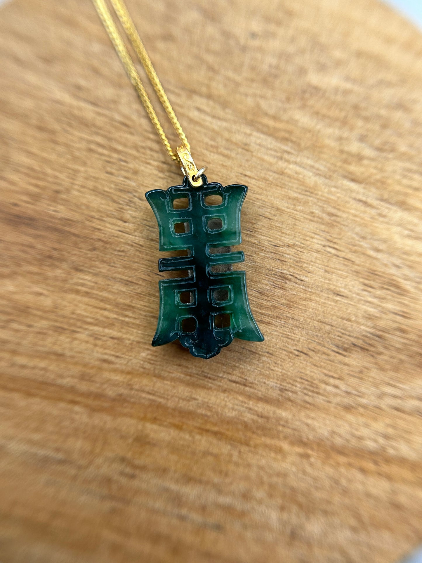 Grade A Natural Icy green Burma Jadeite pendant with double sided hand carved with longevity word and gold necklace