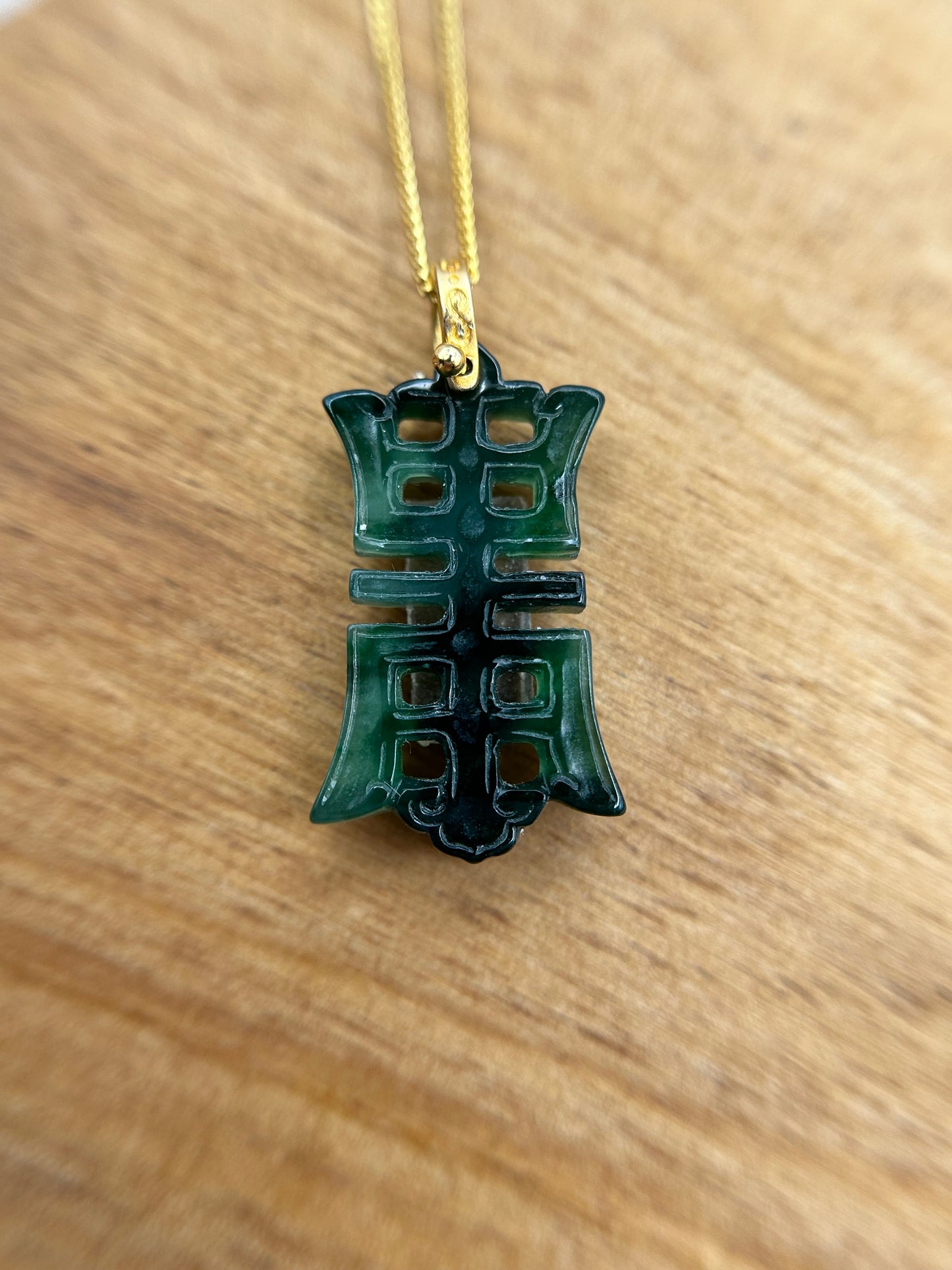 Grade A Natural Icy green Burma Jadeite pendant with double sided hand carved with longevity word and gold necklace