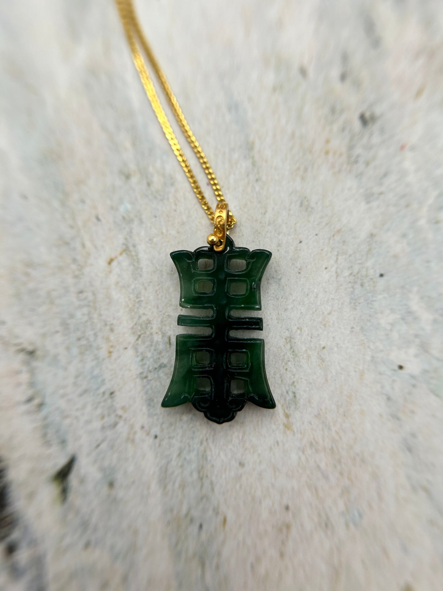 Grade A Natural Icy green Burma Jadeite pendant with double sided hand carved with longevity word and gold necklace