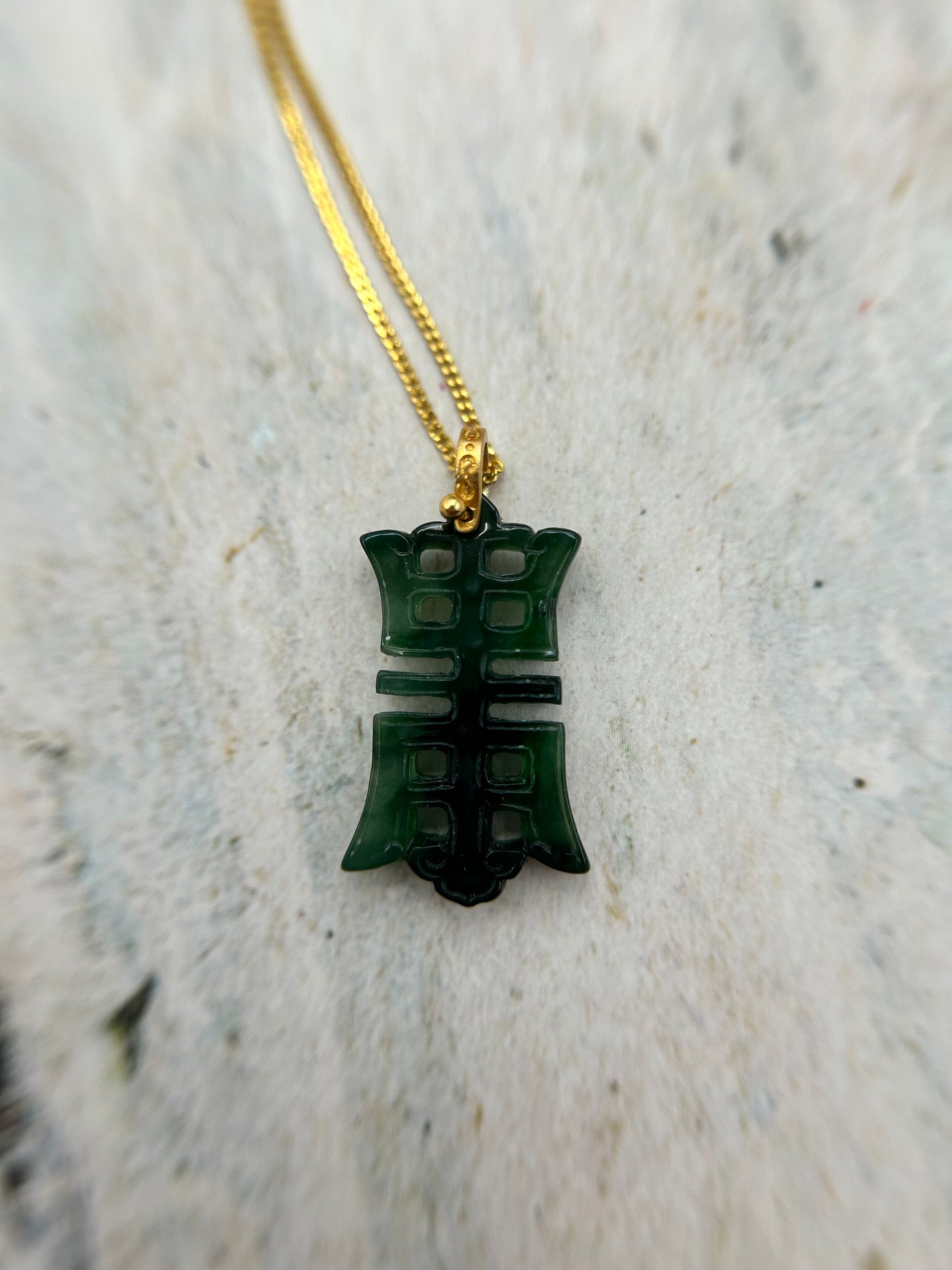 Grade A Natural Icy green Burma Jadeite pendant with double sided hand carved with longevity word and gold necklace