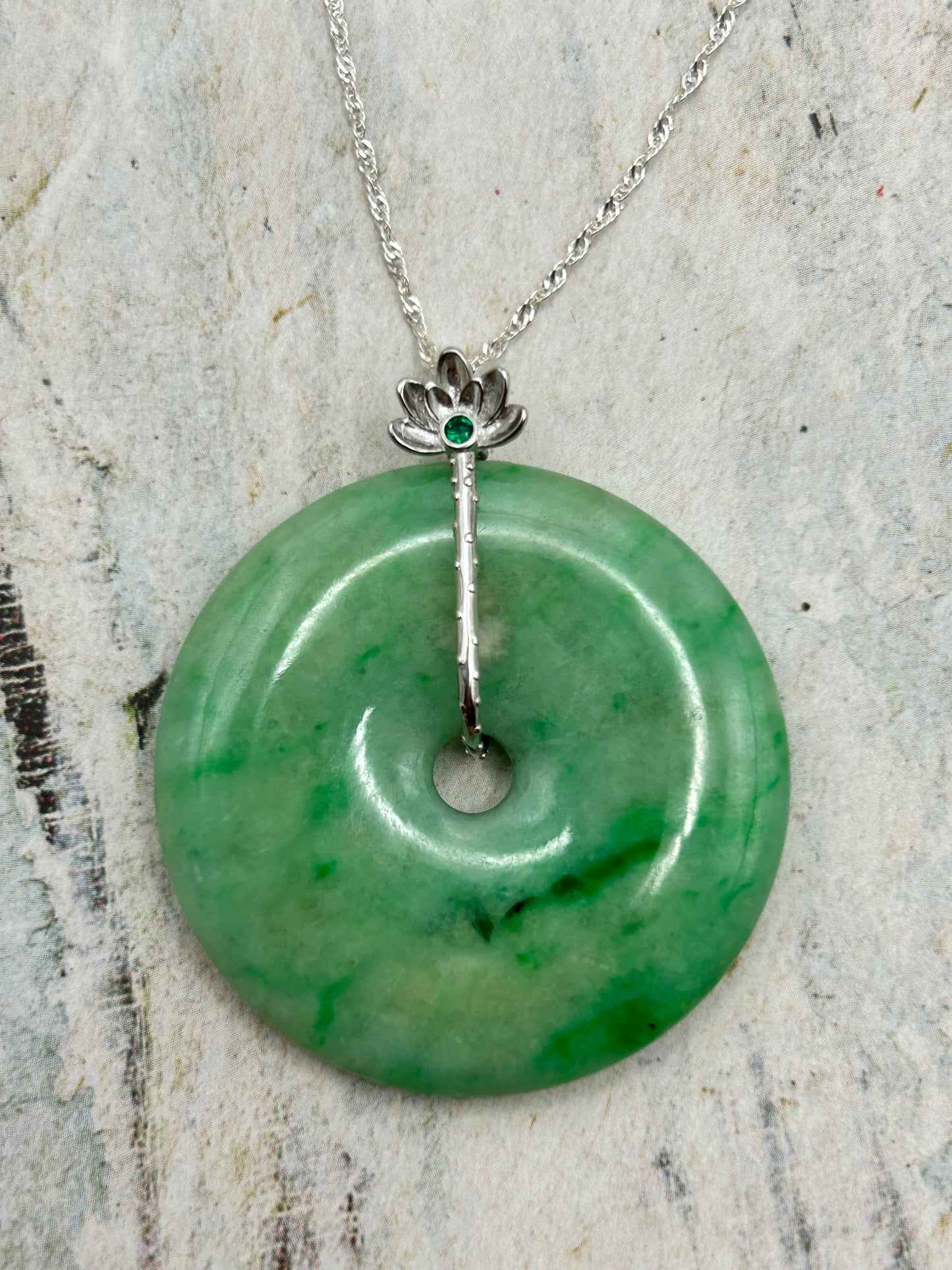 Grade A Natural  green Jadeite Pi Disc pendant silver necklace