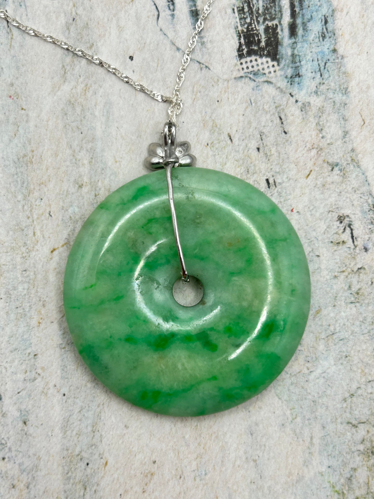 Grade A Natural  green Jadeite Pi Disc pendant silver necklace