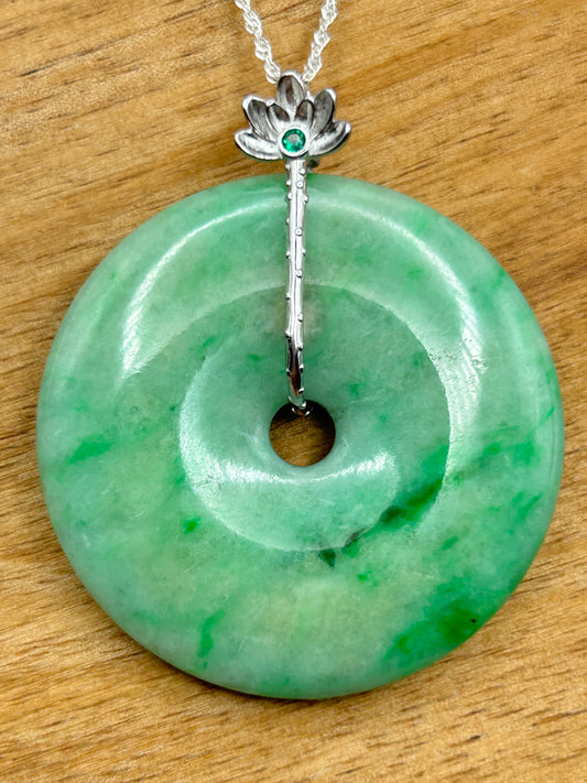 Grade A Natural  green Jadeite Pi Disc pendant silver necklace