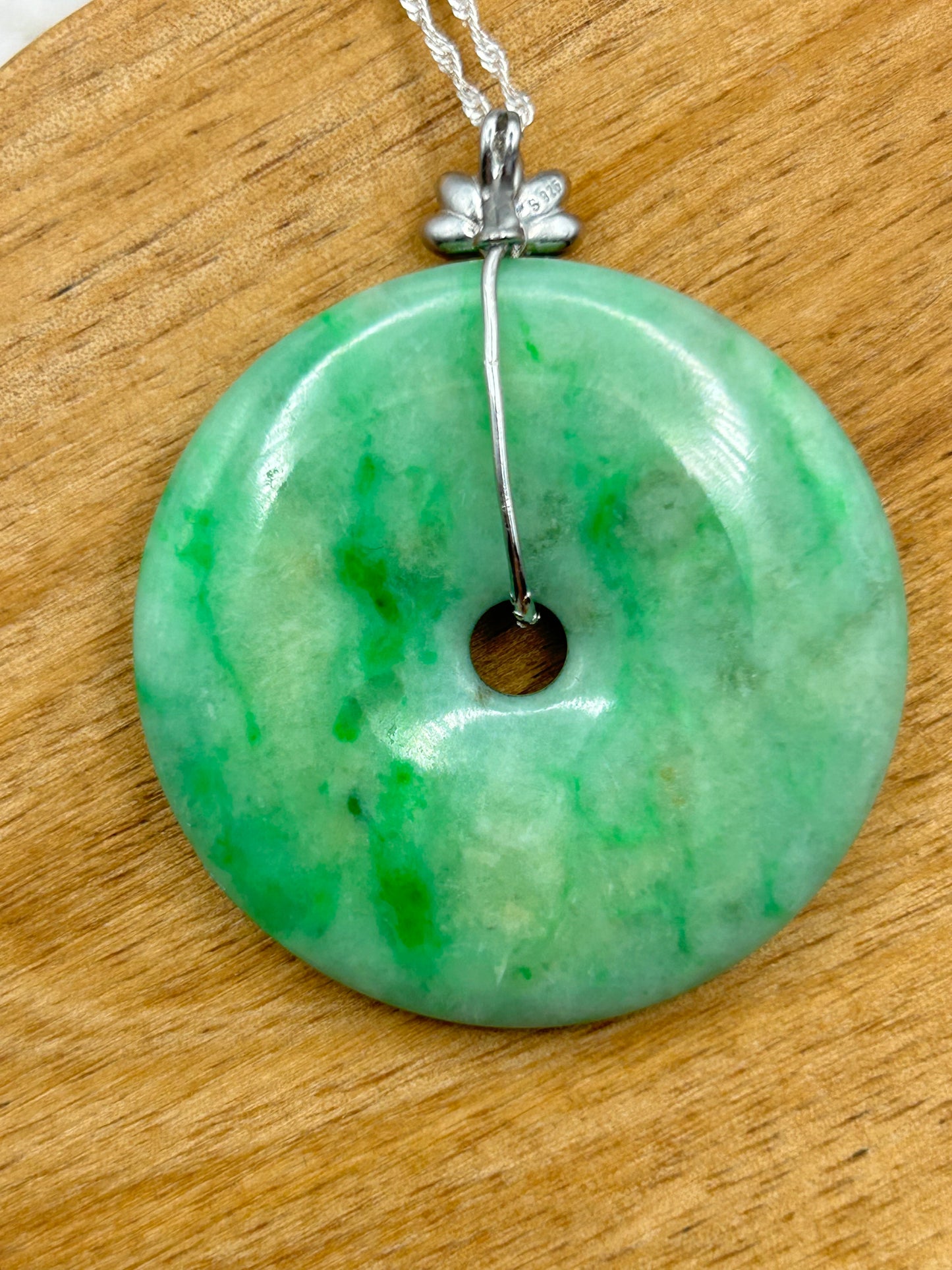 Grade A Natural  green Jadeite Pi Disc pendant silver necklace