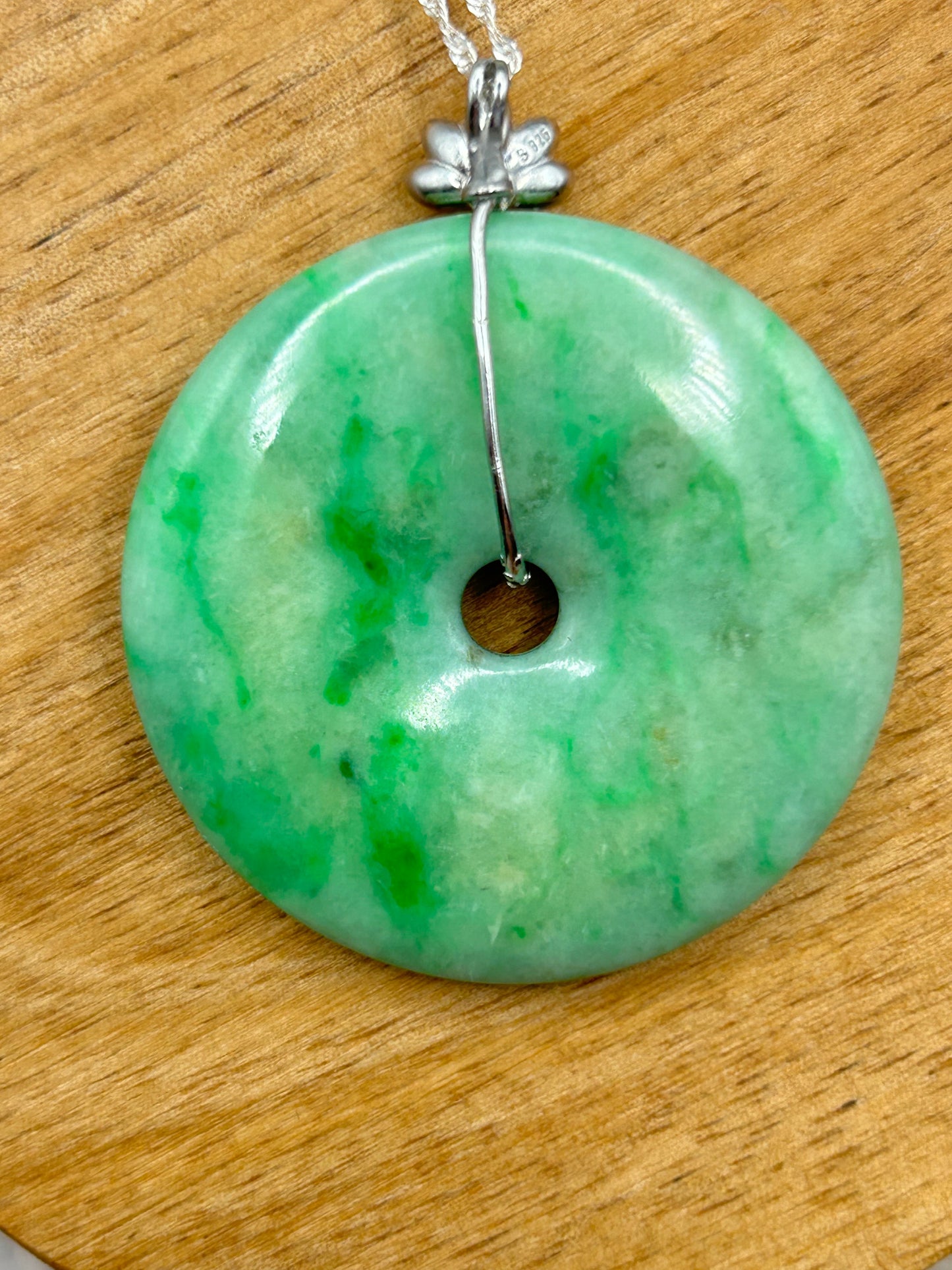 Grade A Natural  green Jadeite Pi Disc pendant silver necklace