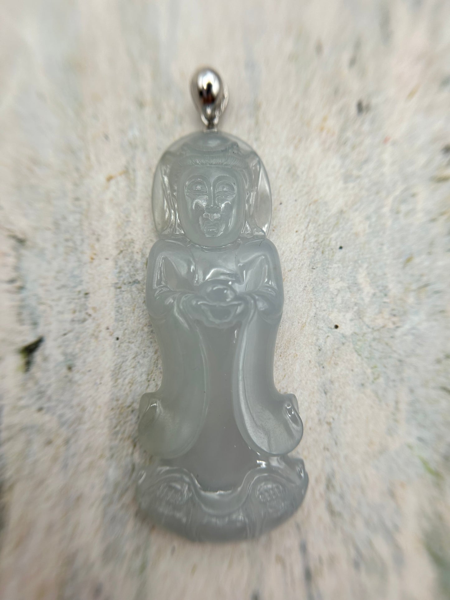 Grade A Natural Icy White Burma Jadeite Guanyin pendant with 18K white gold bail