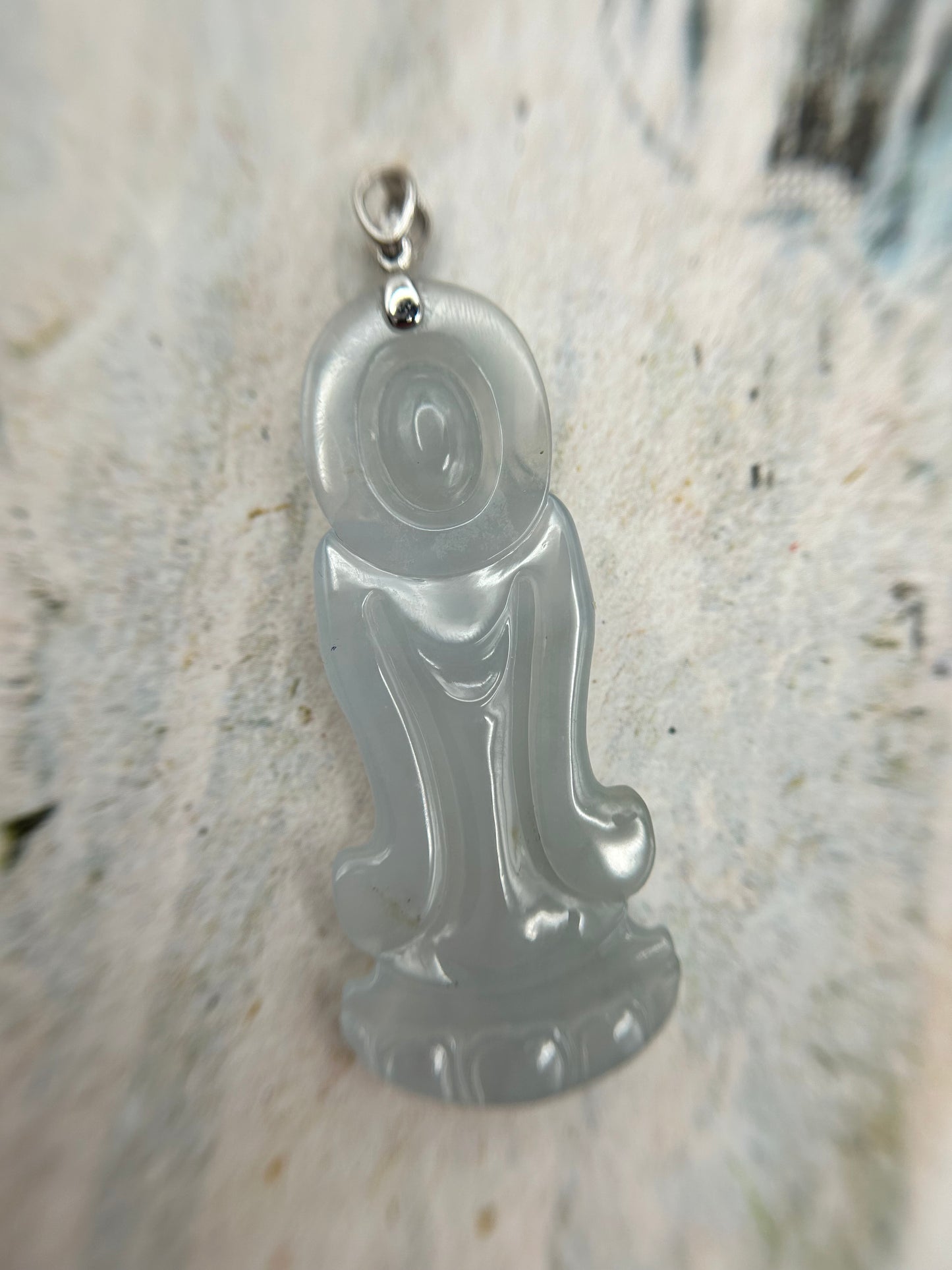 Grade A Natural Icy White Burma Jadeite Guanyin pendant with 18K white gold bail