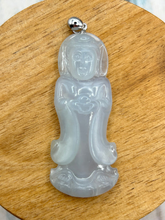 Grade A Natural Icy White Burma Jadeite Guanyin pendant with 18K white gold bail