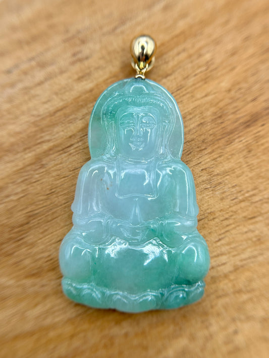 Grade A Natural Icy Green Burma Jadeite Guanyin pendant with 18K Yellow gold bail