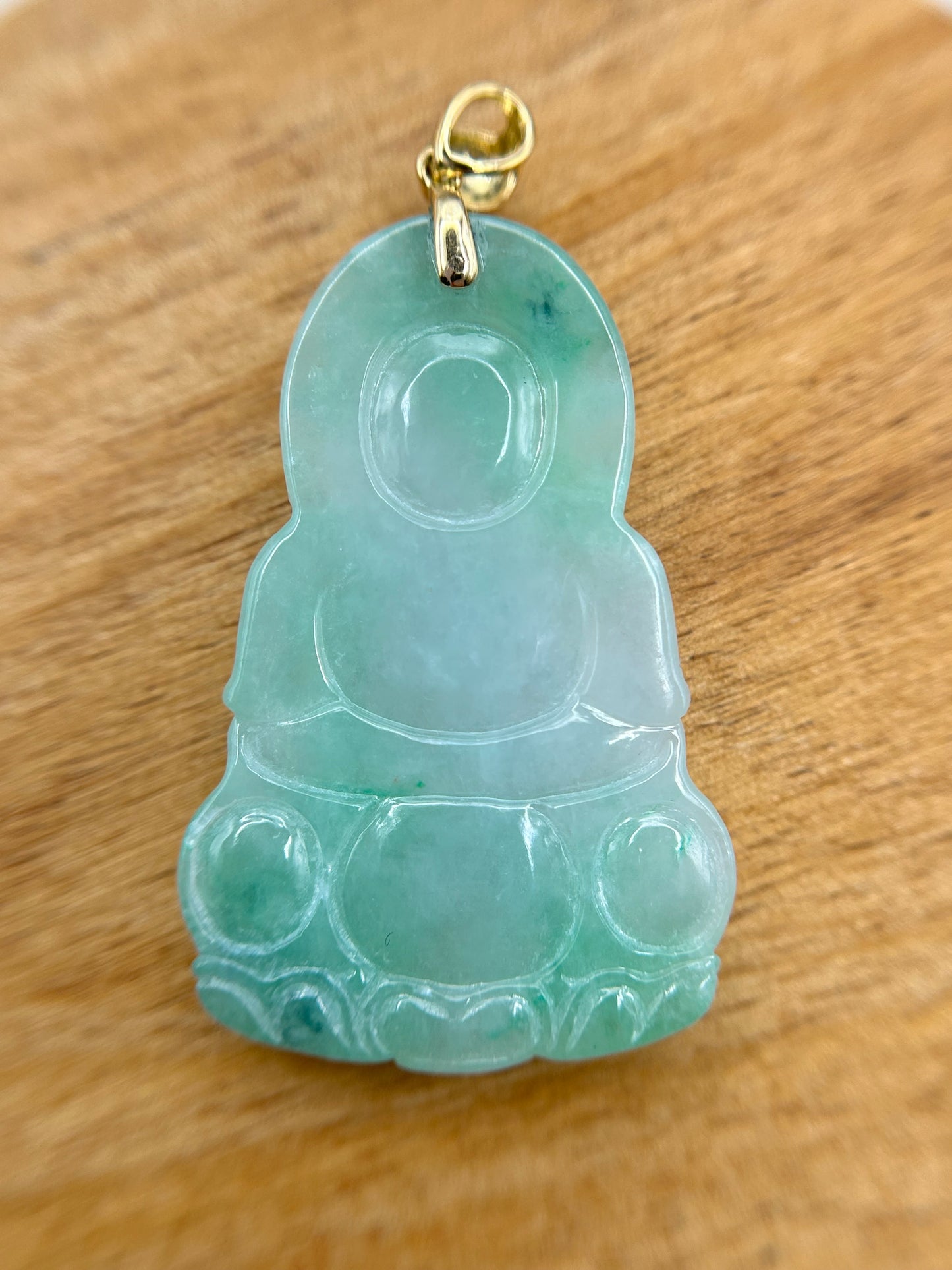 Grade A Natural Icy Green Burma Jadeite Guanyin pendant with 18K Yellow gold bail