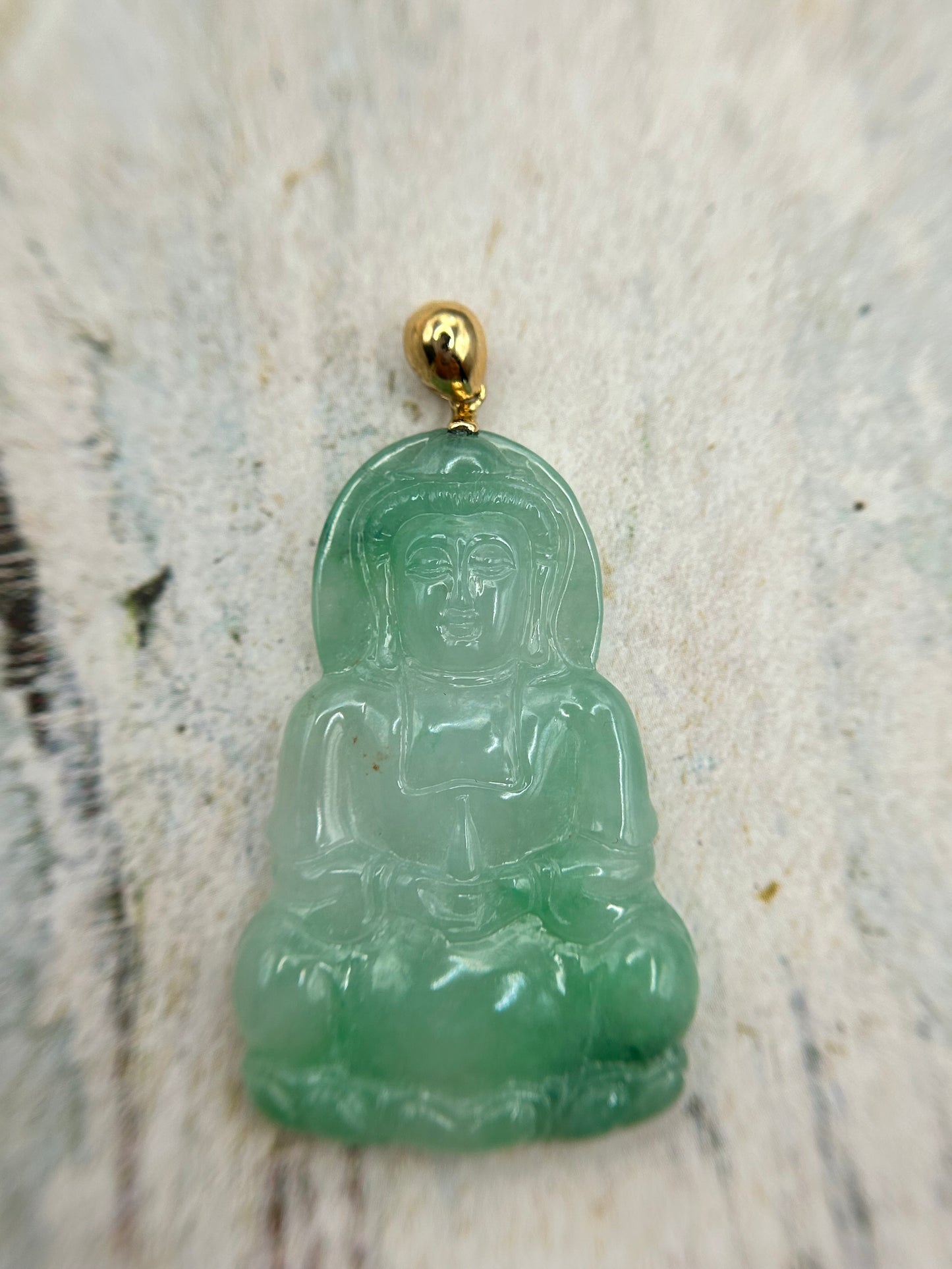 Grade A Natural Icy Green Burma Jadeite Guanyin pendant with 18K Yellow gold bail