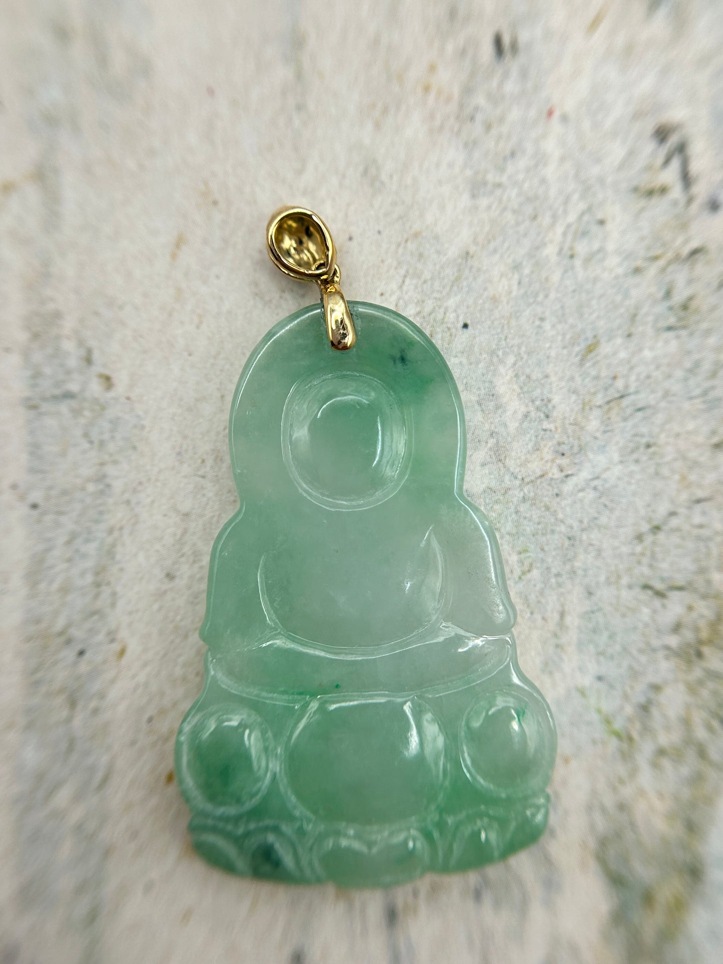 Grade A Natural Icy Green Burma Jadeite Guanyin pendant with 18K Yellow gold bail