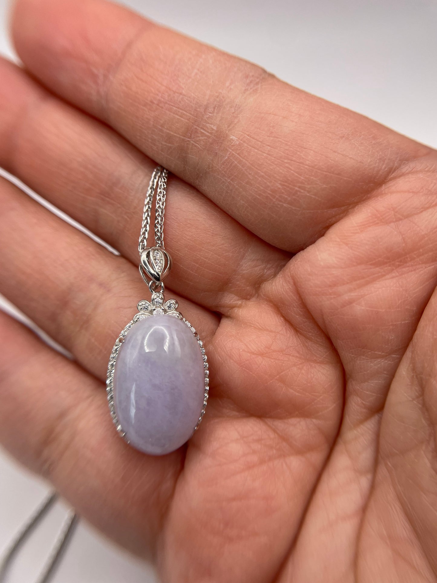 Grade A Natural  Lavender Burma Jadeite Cabochon pendant With Cubic Zirconia Silver necklace