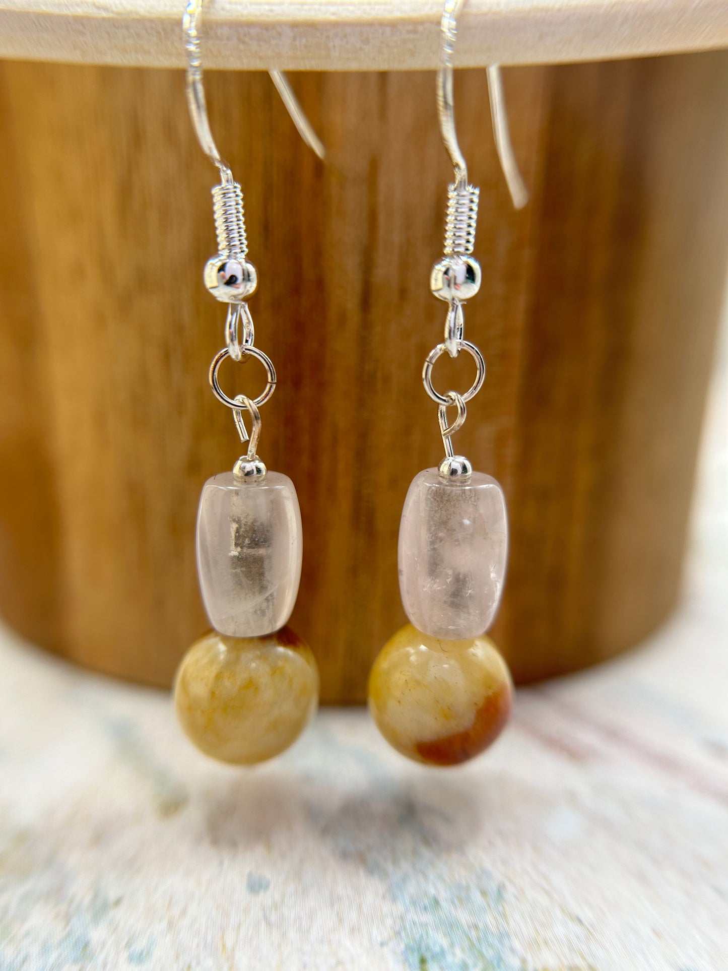 Natural Grade A  Fresh Beige Burmese Jadeite beads and rose Quartz  925 silver earring