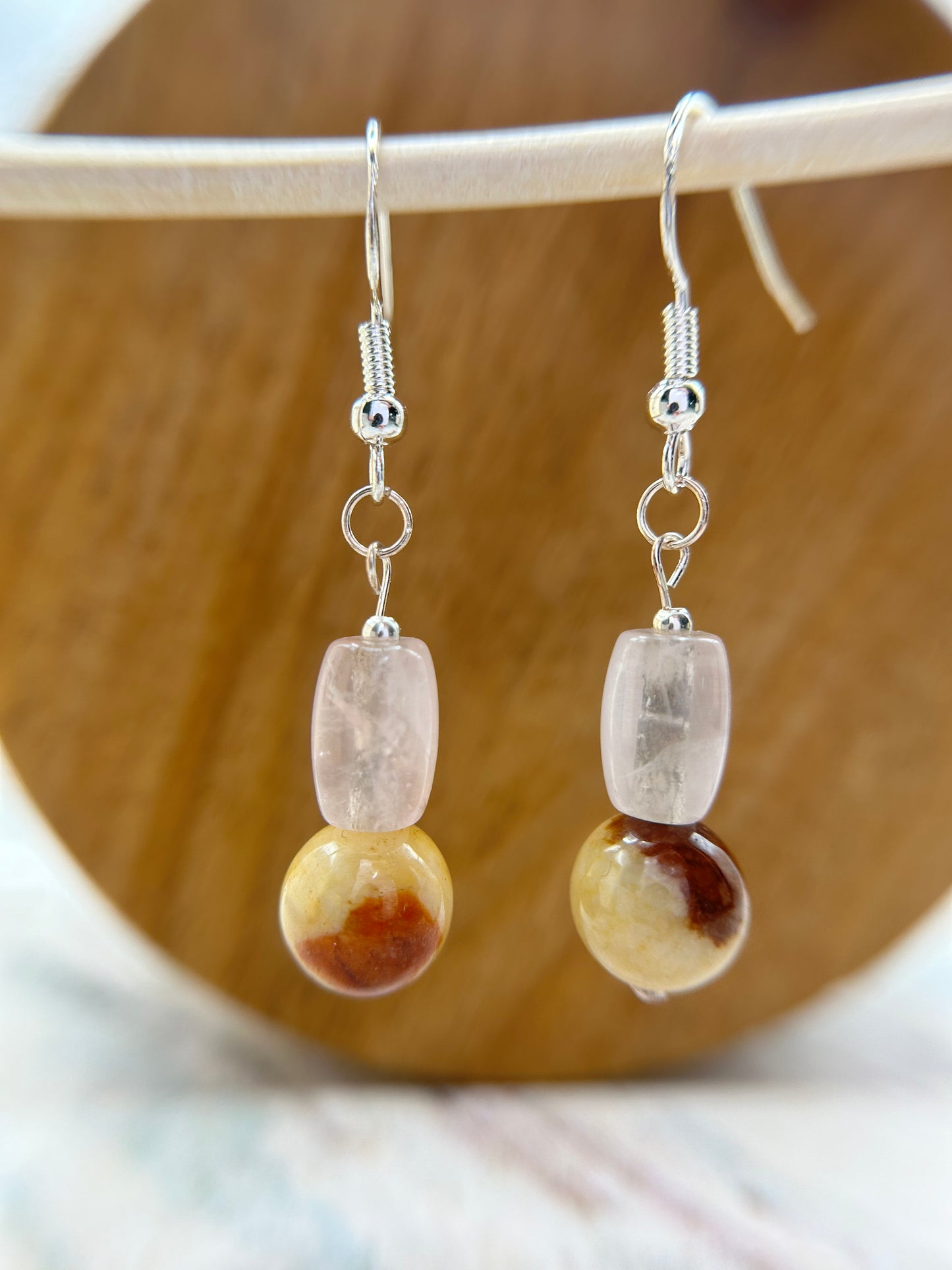 Natural Grade A  Fresh Beige Burmese Jadeite beads and rose Quartz  925 silver earring