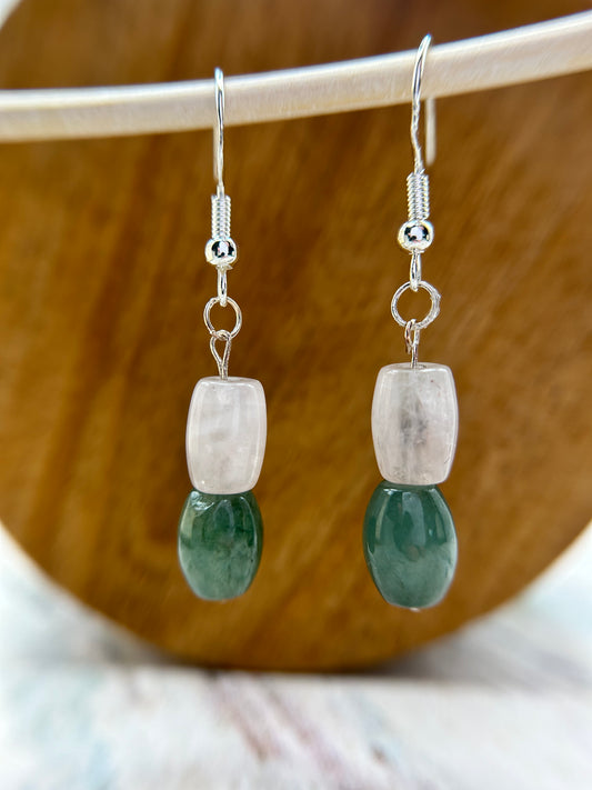 Natural Grade A  Fresh Green Burmese Jadeite beads and Rose Quartz 925 silver earring