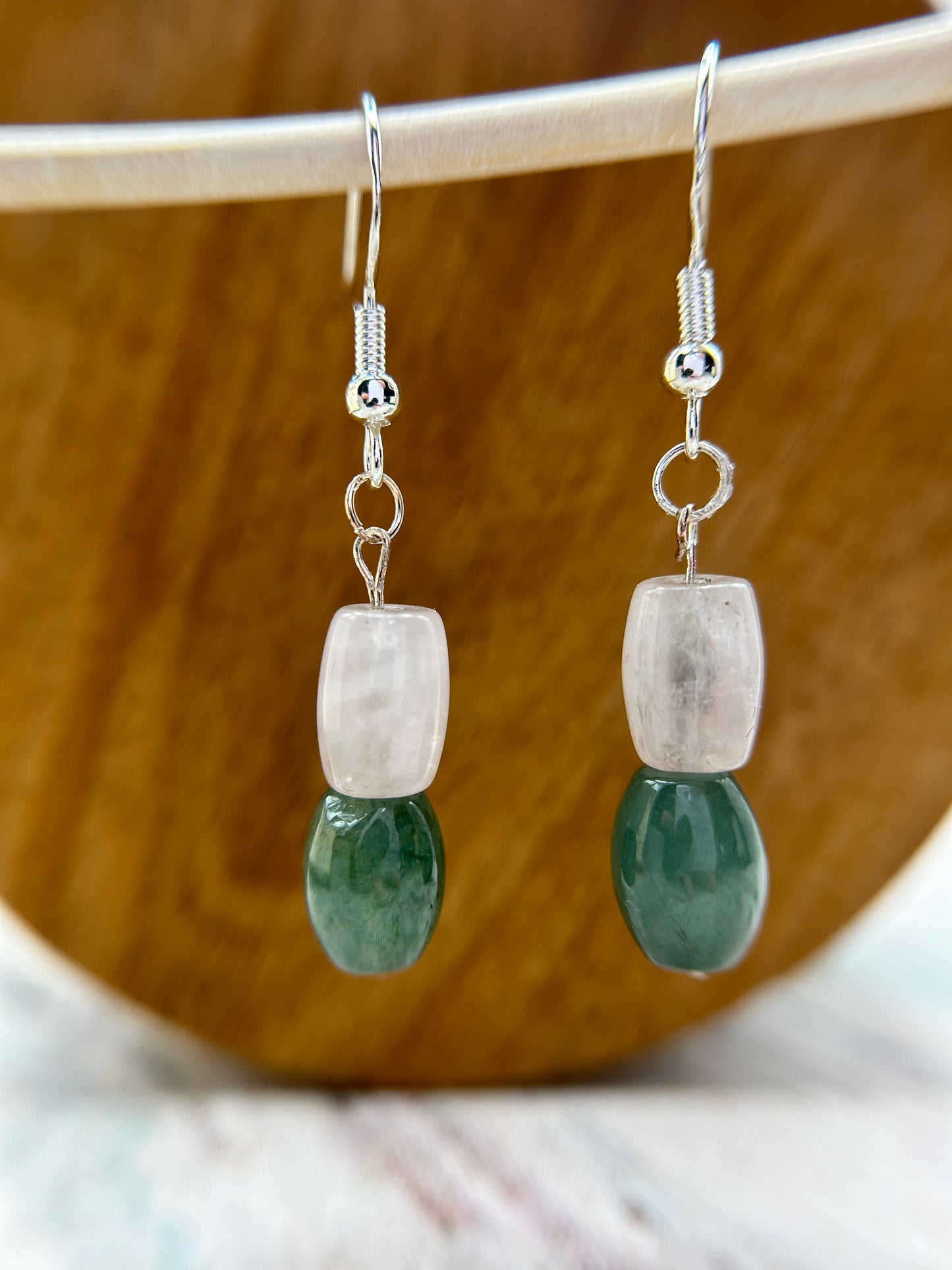 Natural Grade A  Fresh Green Burmese Jadeite beads and Rose Quartz 925 silver earring