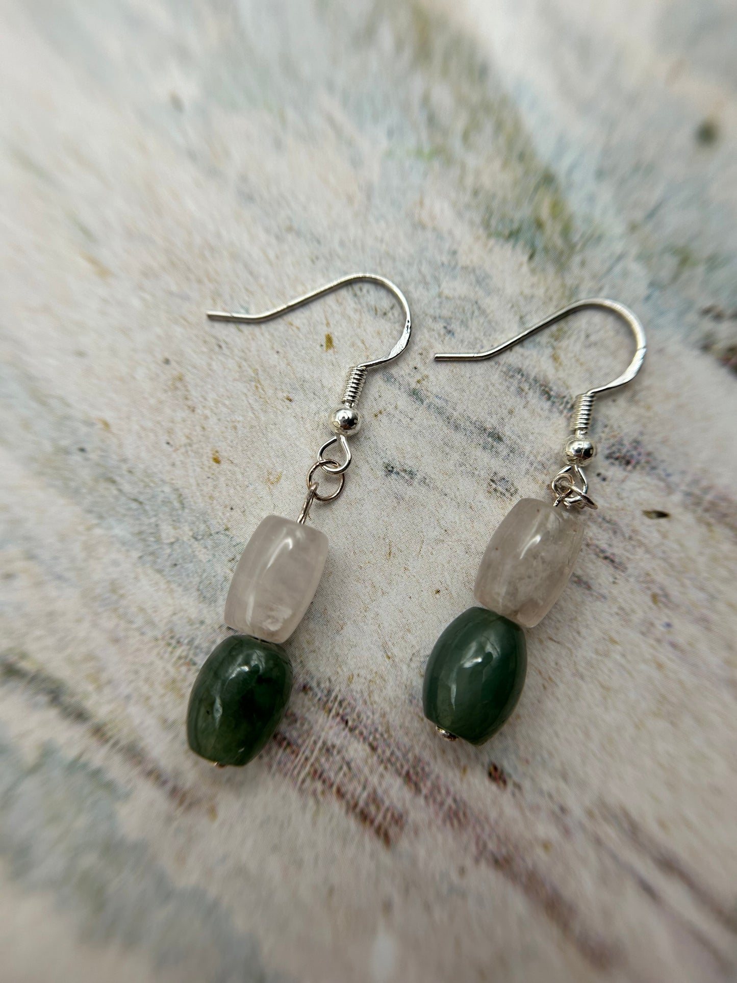 Natural Grade A  Fresh Green Burmese Jadeite beads and Rose Quartz 925 silver earring