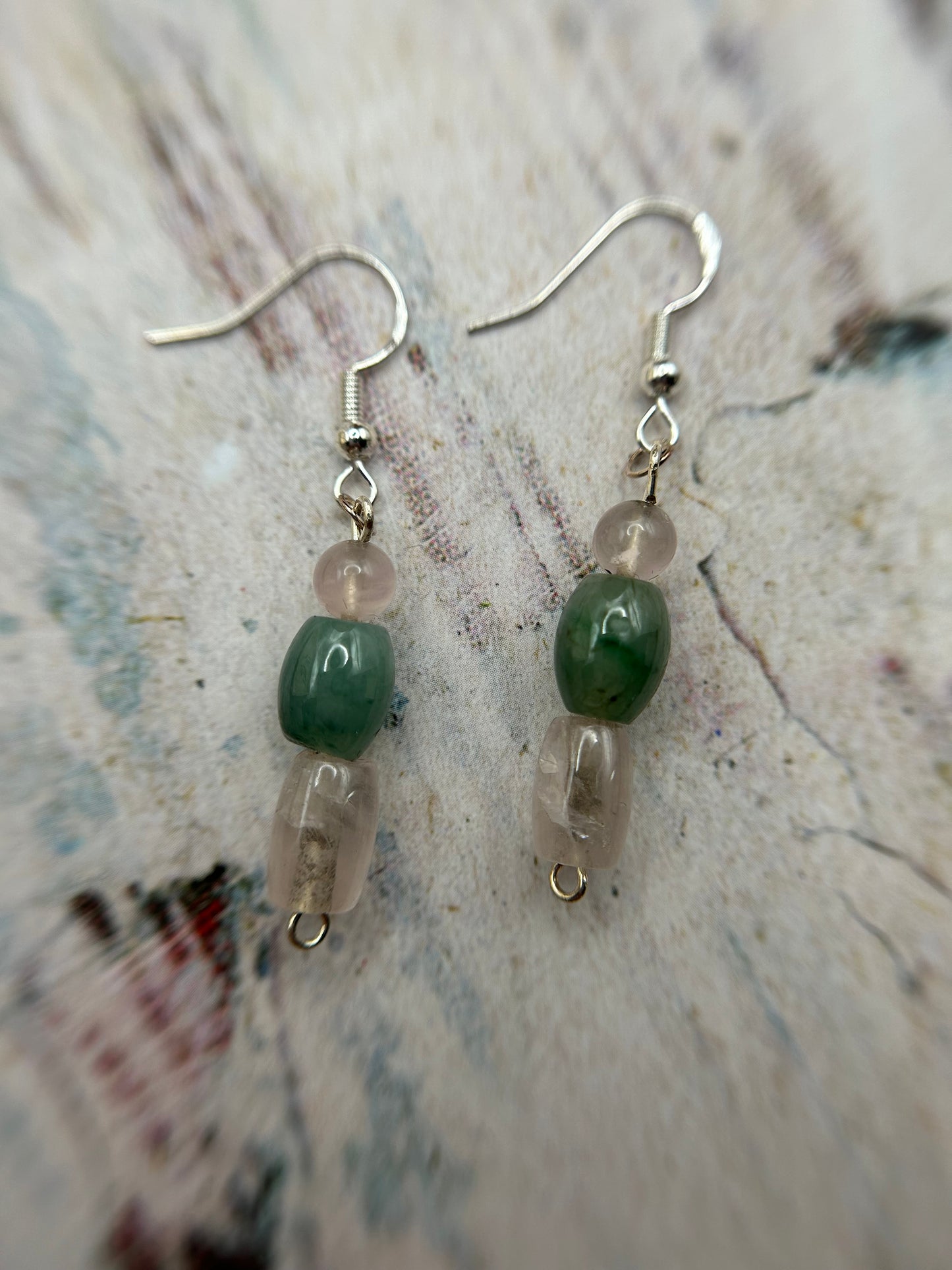 Natural Grade A  Fresh Green Burmese Jadeite beads and Rose Quartz 925 silver earring