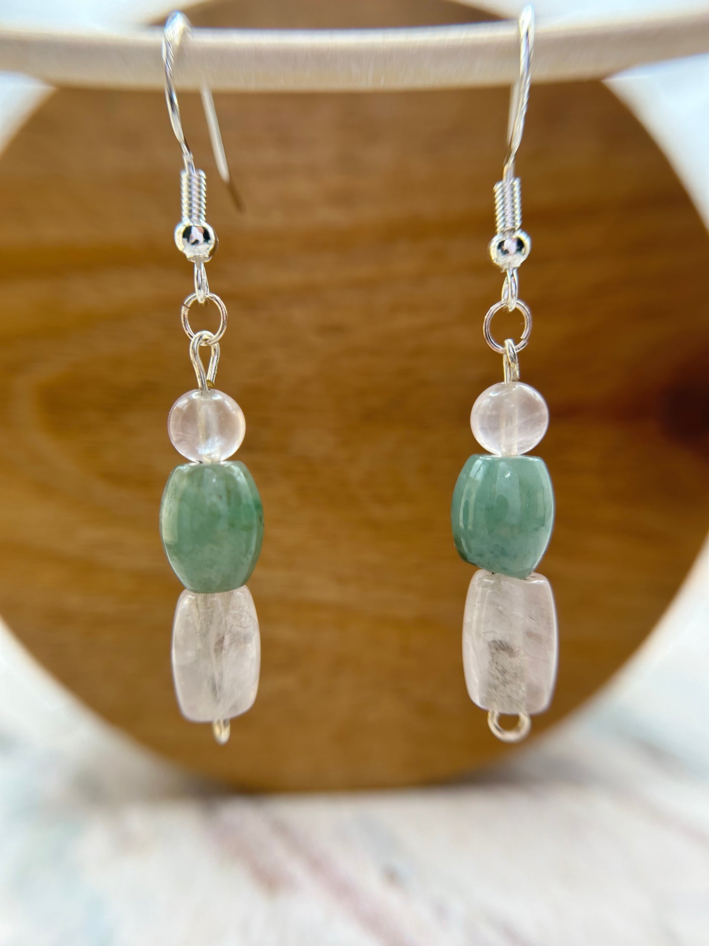 Natural Grade A  Fresh Green Burmese Jadeite beads and Rose Quartz 925 silver earring