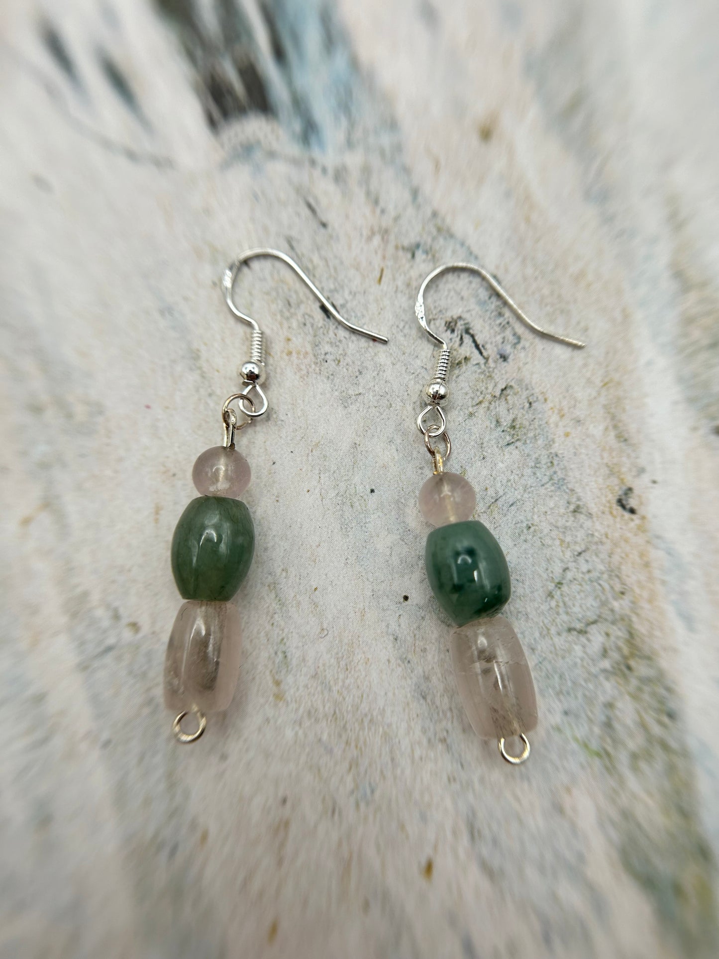 Natural Grade A  Fresh Green Burmese Jadeite beads and Rose Quartz 925 silver earring