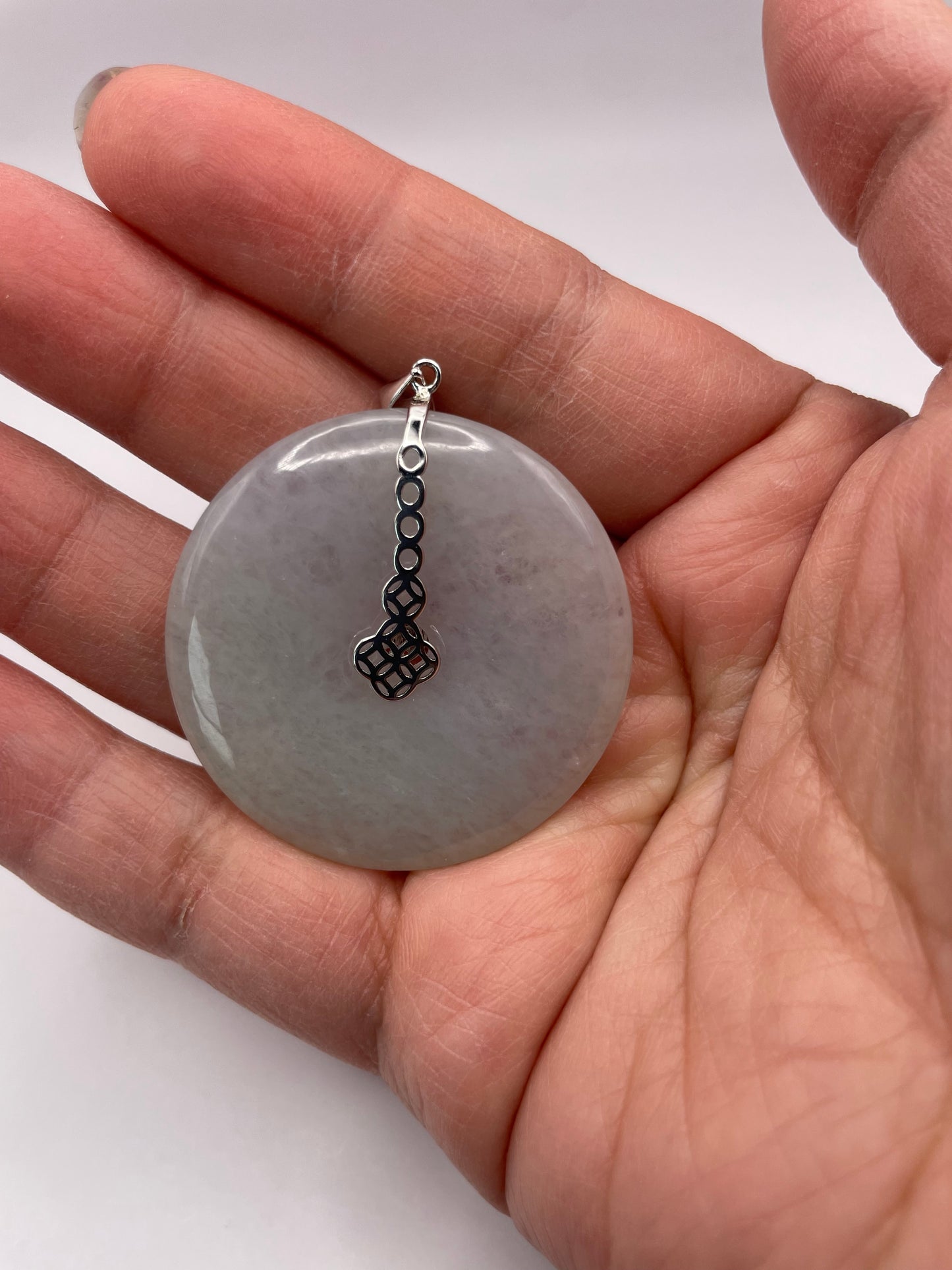 Grade A Natural lavender Jadeite Pi Disc ( peng on kou, donut) pendant with  sterling silver