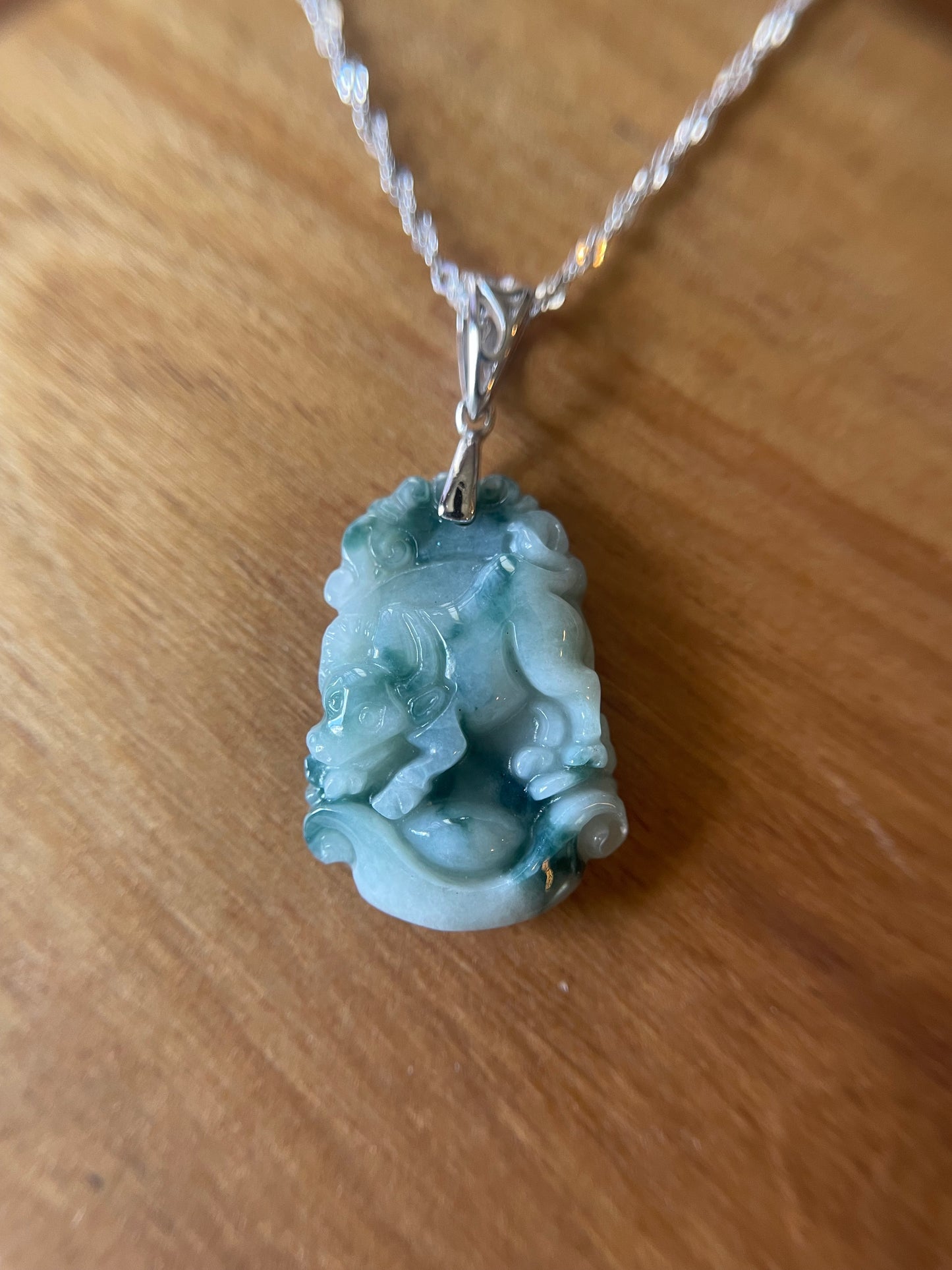 Grade A Burma jadeite Zodiac (OX) pendant with silver necklace