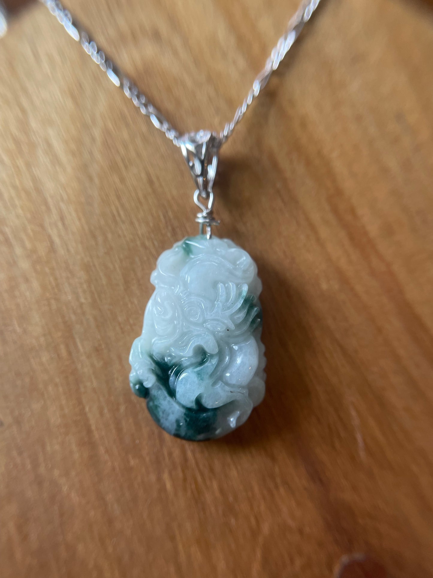 Grade A Burma jadeite Zodiac (DRAGON) pendant with silver necklace