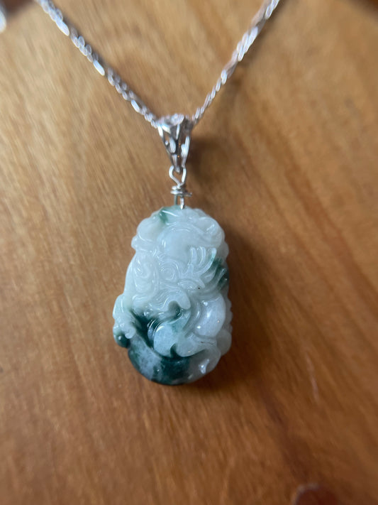Grade A Burma jadeite Zodiac (DRAGON) pendant with silver necklace