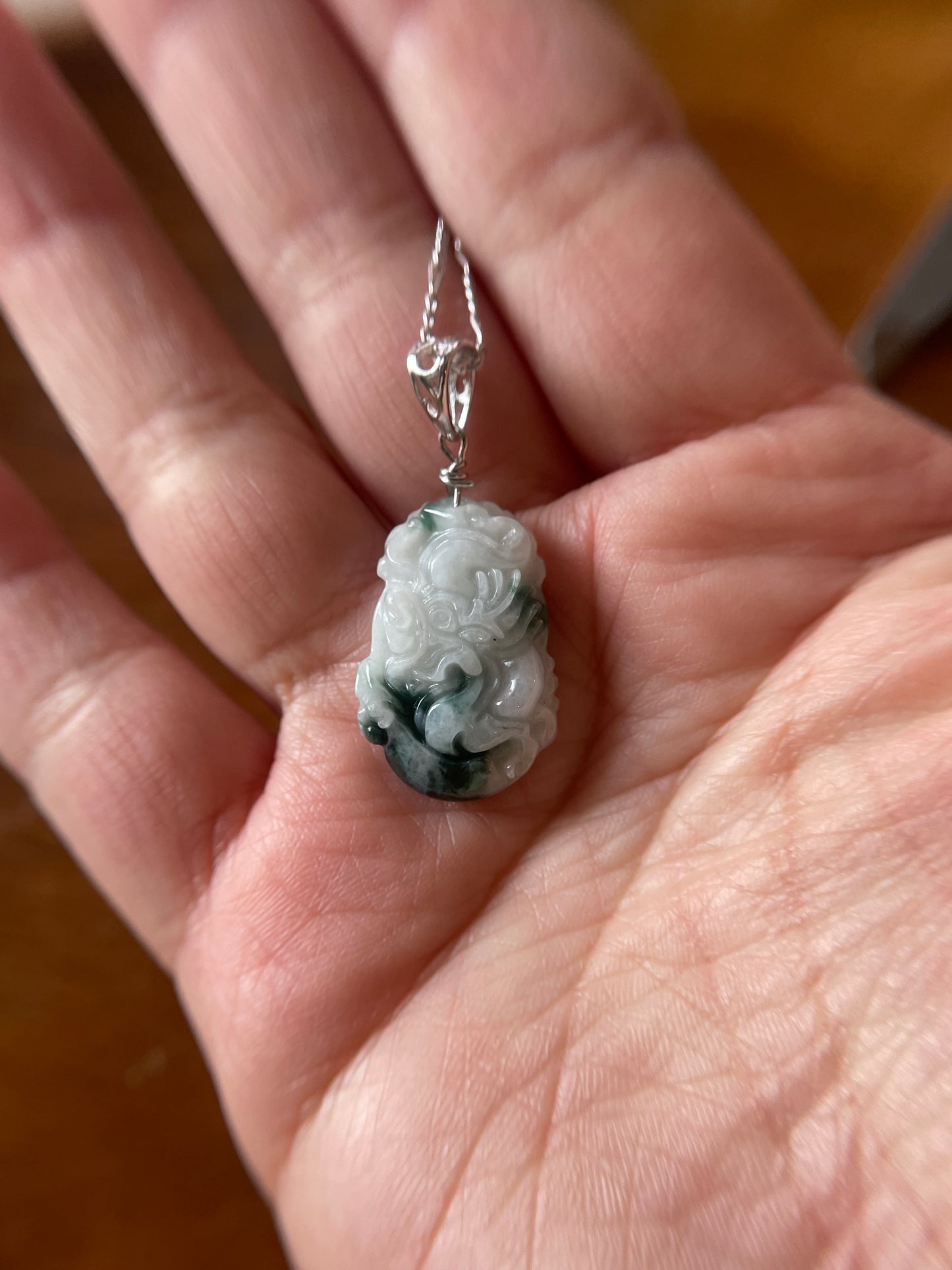 Grade A Burma jadeite Zodiac (DRAGON) pendant with silver necklace