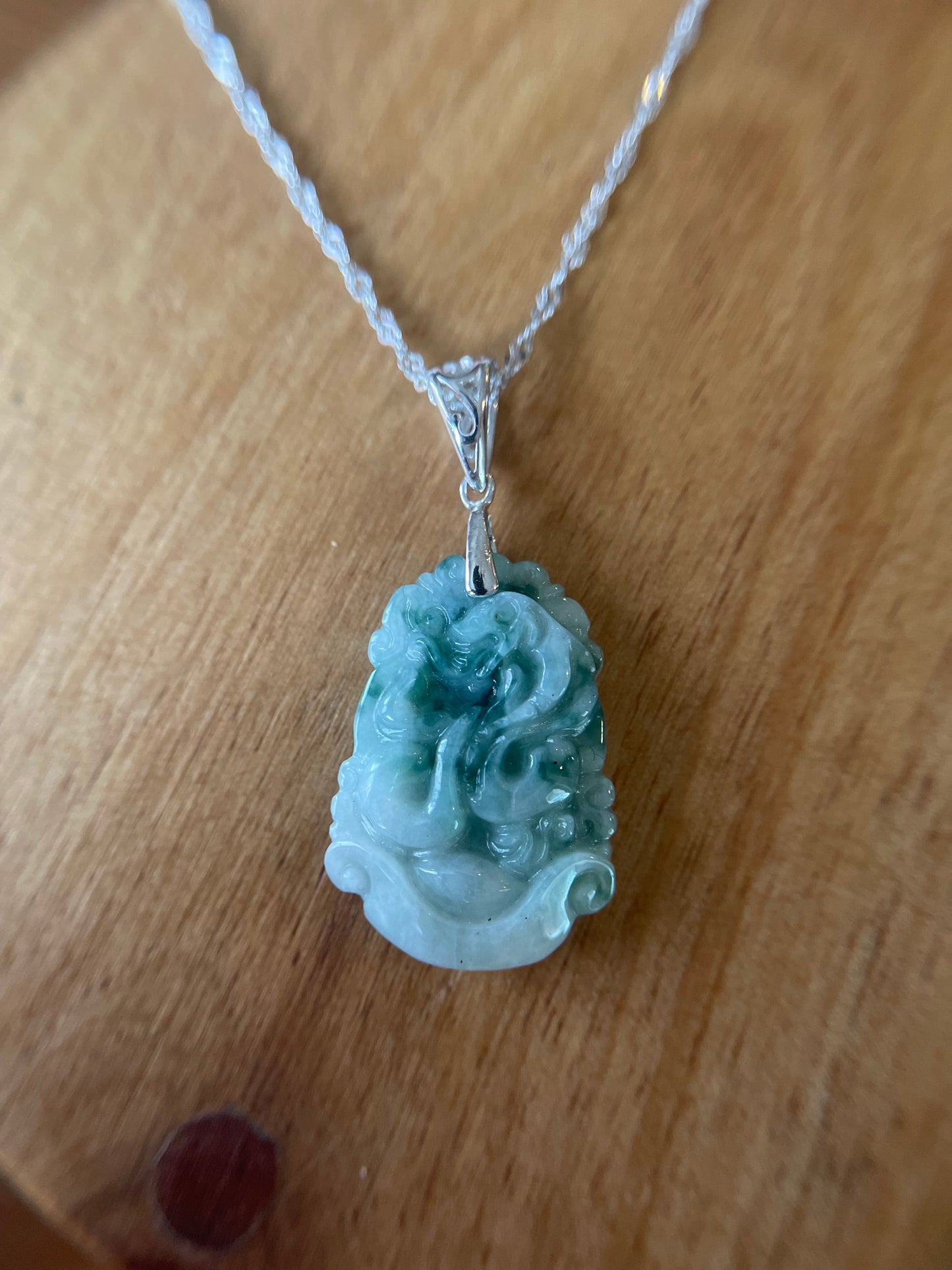 Grade A Burma jadeite Zodiac (Snake) pendant with silver necklace