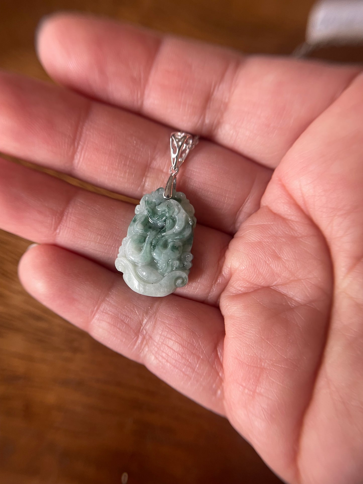 Grade A Burma jadeite Zodiac (Snake) pendant with silver necklace