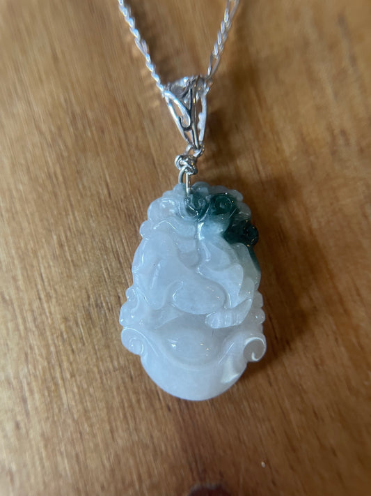 Grade A Burma jadeite Zodiac (Horse) pendant with silver necklace