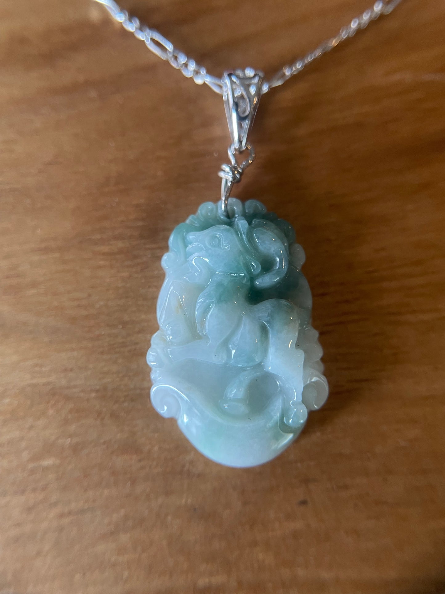 Grade A Burma jadeite Zodiac (Goat) pendant with silver necklace