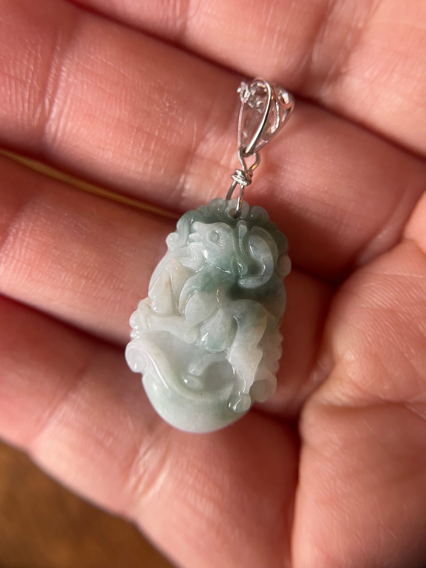 Grade A Burma jadeite Zodiac (Goat) pendant with silver necklace