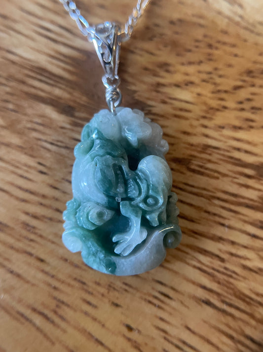 Grade A Burma jadeite Zodiac (Rooster) pendant with silver necklace