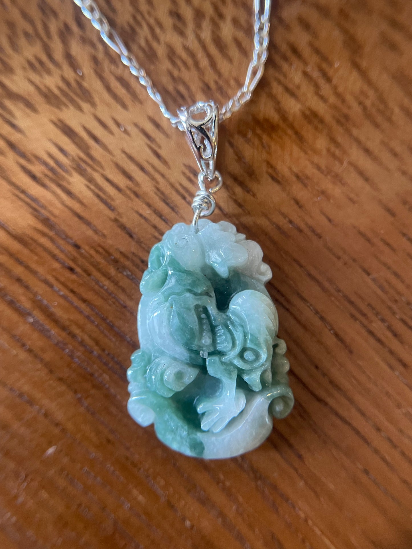 Grade A Burma jadeite Zodiac (Rooster) pendant with silver necklace