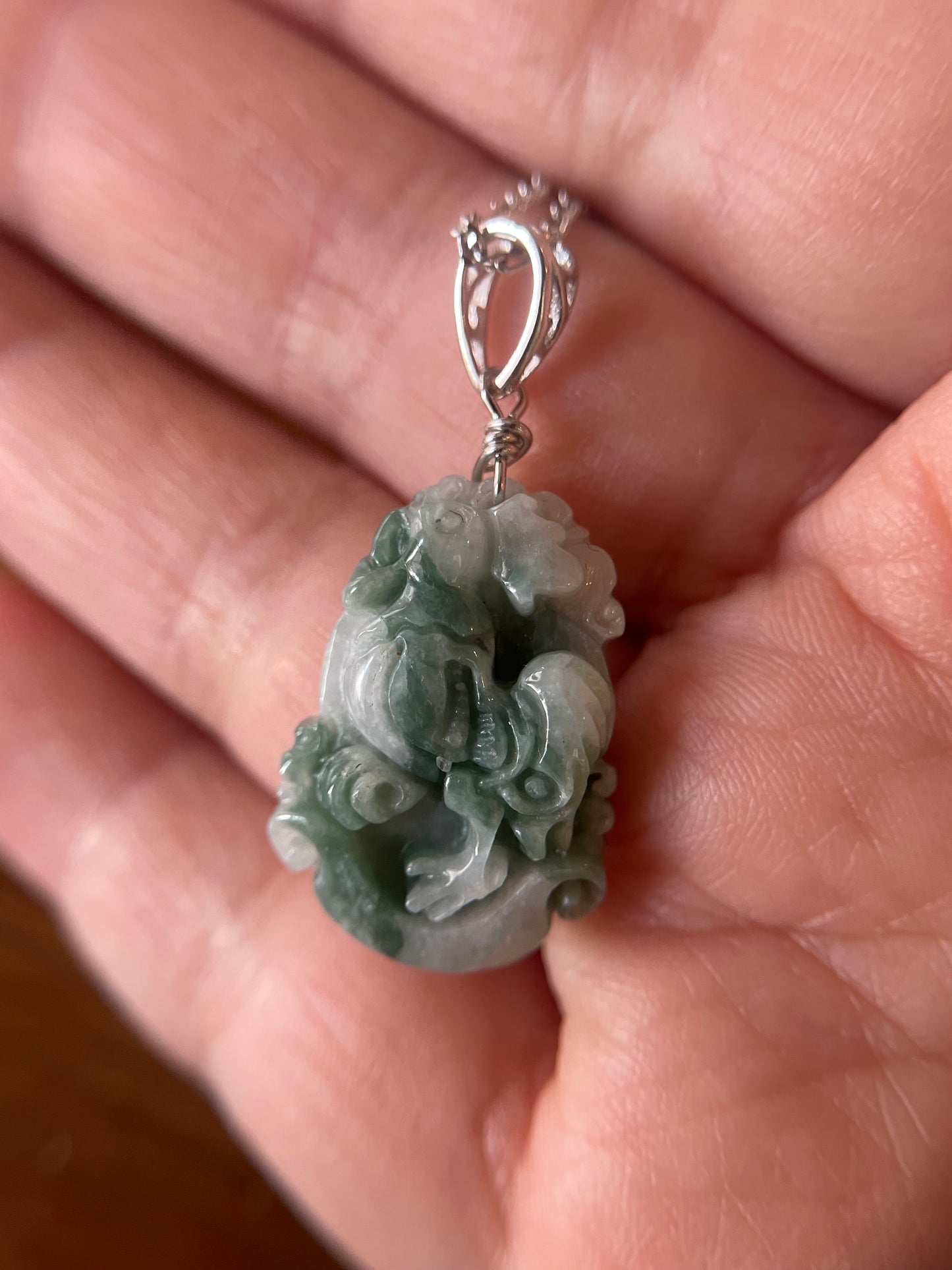 Grade A Burma jadeite Zodiac (Rooster) pendant with silver necklace