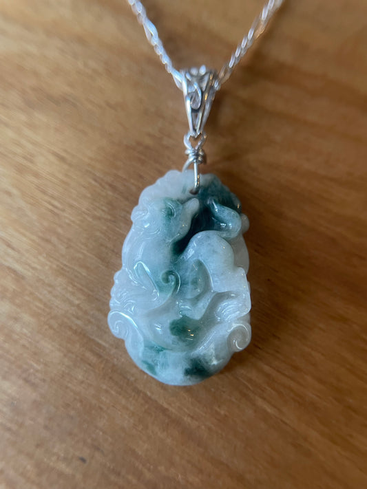Grade A Burma jadeite Zodiac (Dog) pendant with silver necklace