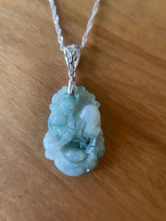 Grade A Burma jadeite Zodiac (Pig) pendant with silver necklace