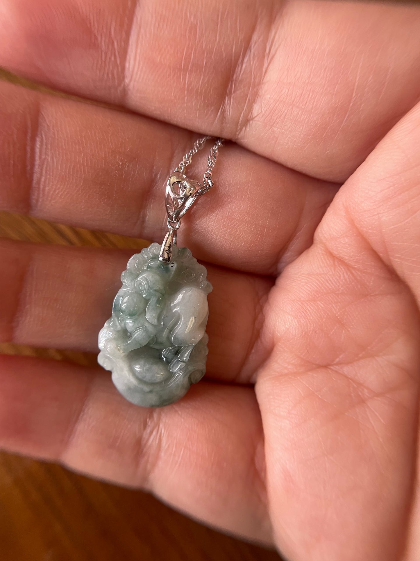 Grade A Burma jadeite Zodiac (Pig) pendant with silver necklace