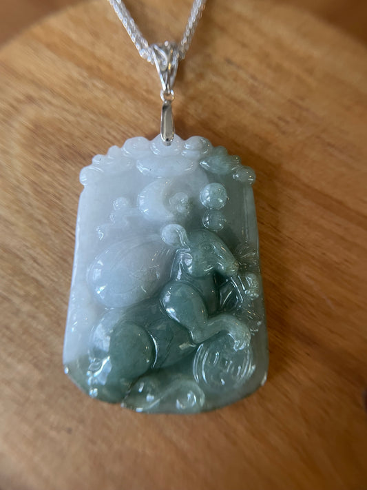 Grade A Burma jadeite Zodiac (RAT) pendant with silver necklace