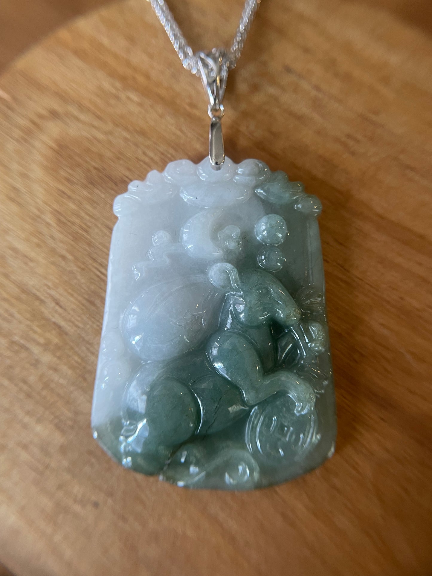 Grade A Burma jadeite Zodiac (RAT) pendant with silver necklace