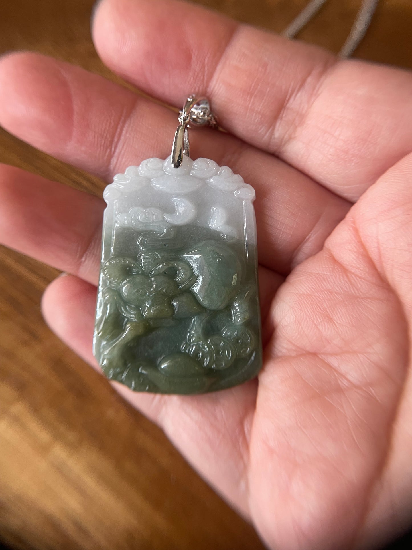 Grade A Burma jadeite Zodiac (OX) pendant with silver necklace