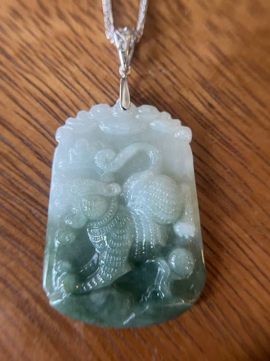Grade A Burma jadeite Zodiac (Tiger) pendant with silver necklace