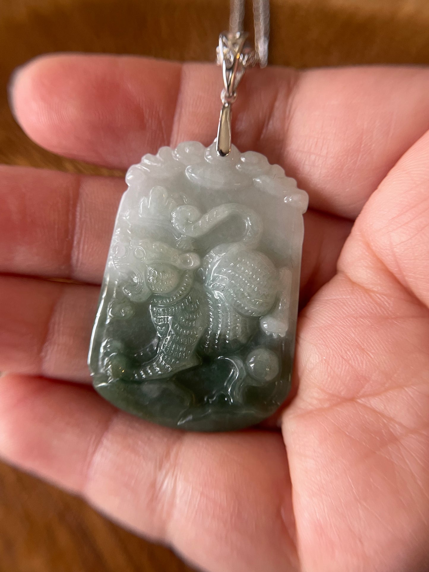 Grade A Burma jadeite Zodiac (Tiger) pendant with silver necklace
