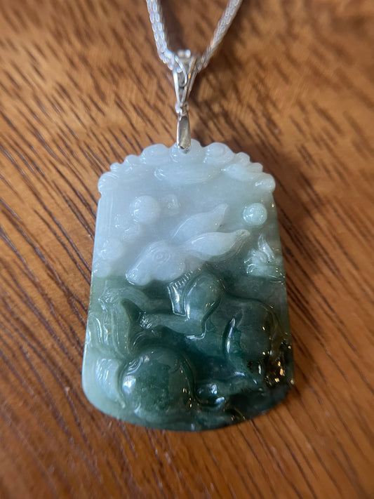 Grade A Burma jadeite Zodiac (Rabbit) pendant with silver necklace