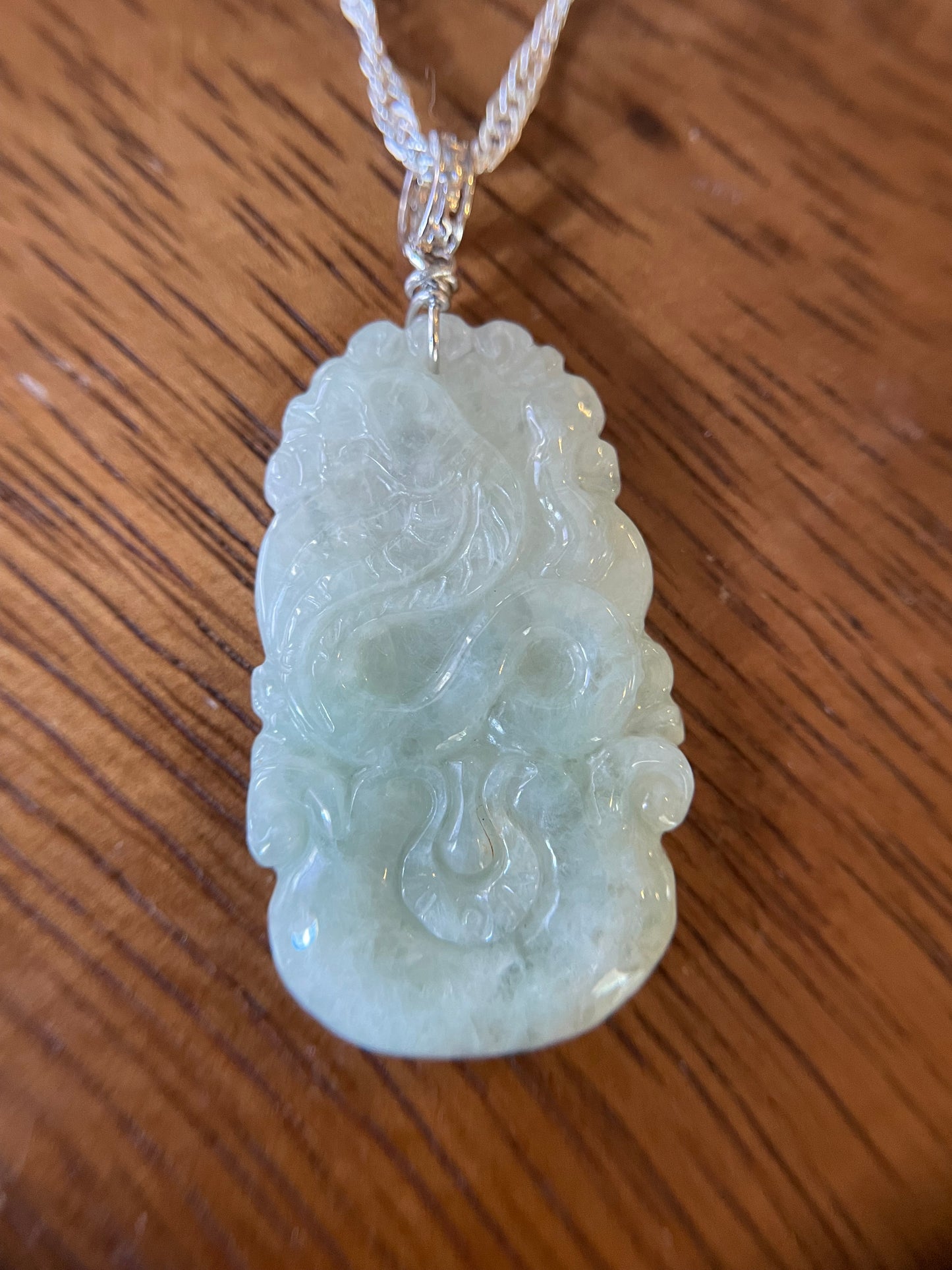 Grade A Burma jadeite Zodiac (Snake) pendant with silver necklace